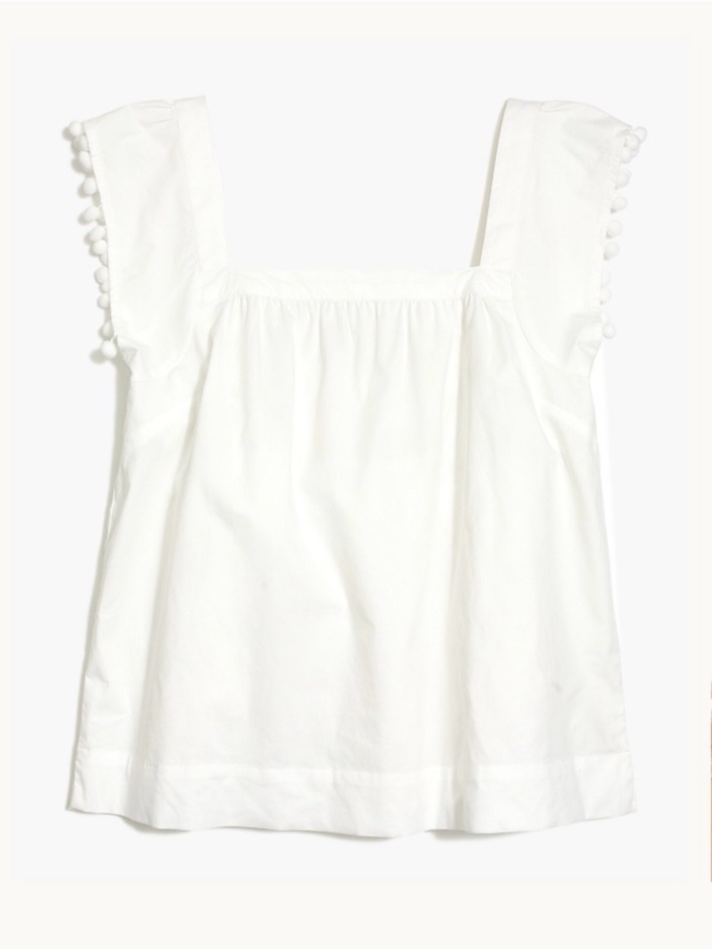 J. Crew White Poplin Cotton Pom-Trim Square Neck Pom Pom Blouse